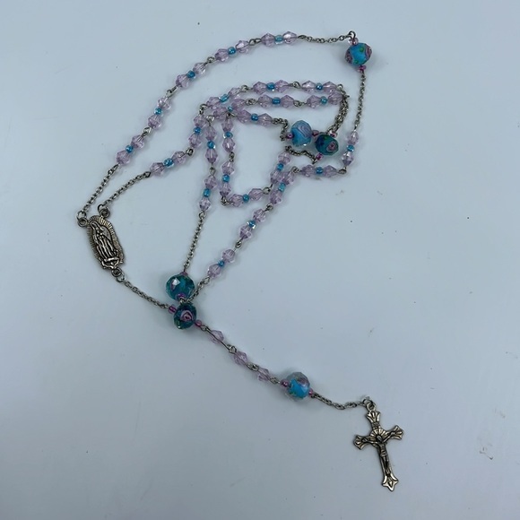 HP X1 🔥 Beautifully Handcrafted Blue Beaded Rosary - Baby Blue‎ + Light Pink - Picture 4 of 4